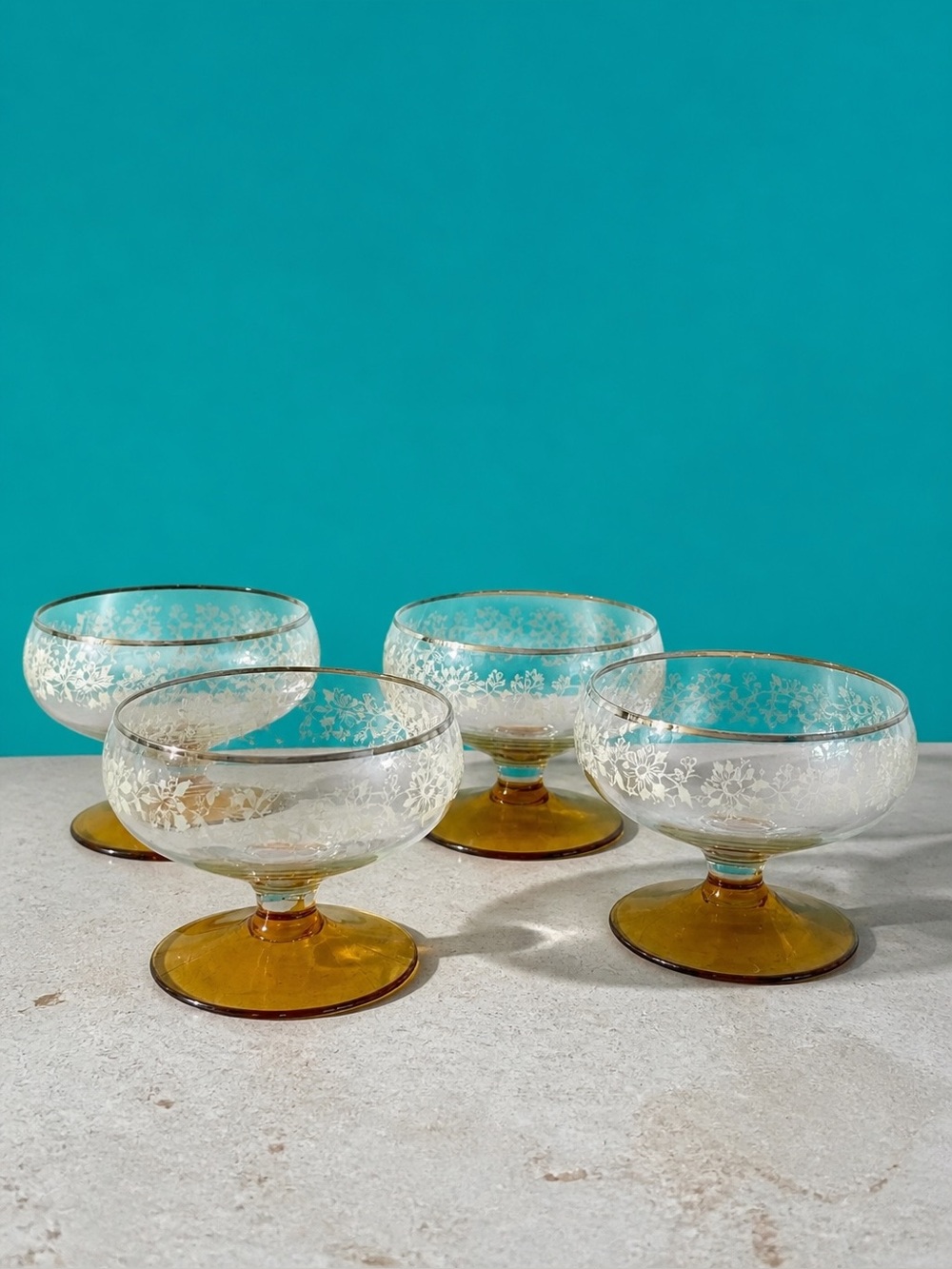 Vintage Clear Golden Glass Delicate Floral Footed Dessert Bowl Lot of 4